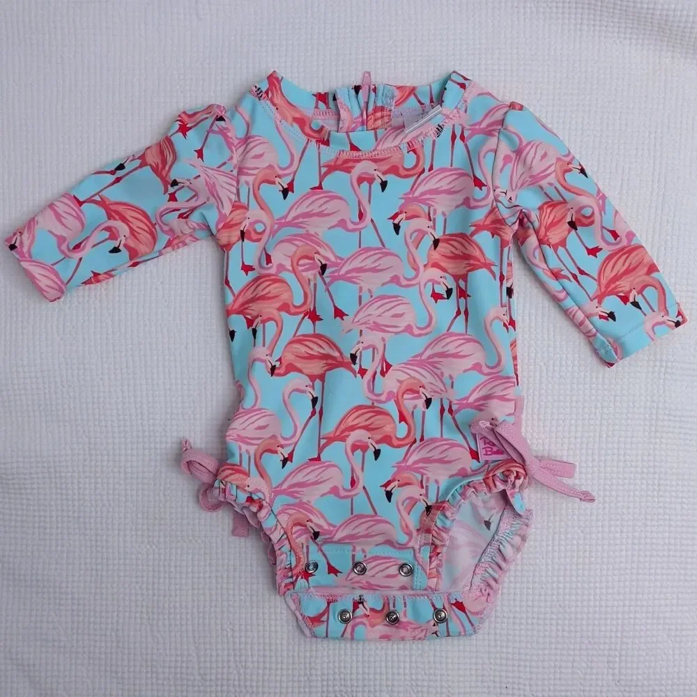 RUFFLEBUTTS Tropical Flamingo Print One-Piece 0-3m Baby Rashguard Ruffles